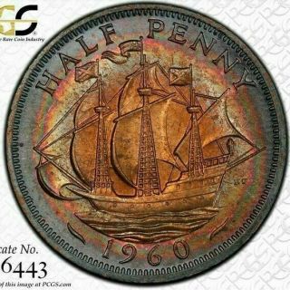 1960 Great Britain Half Penny Pcgs Ms65rb Toned None Graded Higher