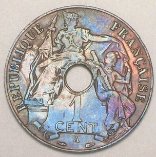 1939 French Indo - China One 1 Centime Figures Hole Coin Vf,  Tone