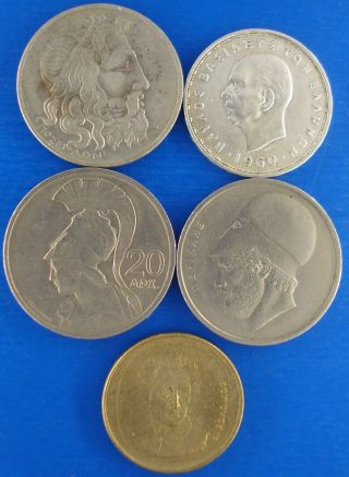 Greece 20 Drachmai Five Coins 1930,  1960,  1973,  1976,  2000.  Two Silver.
