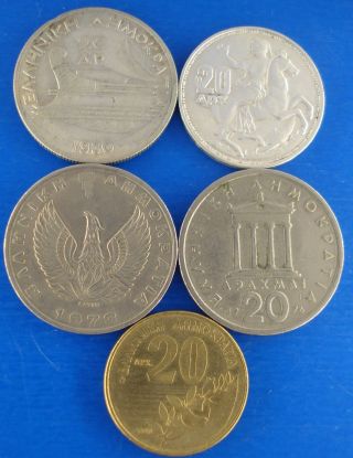 GREECE 20 drachmai five coins 1930,  1960,  1973,  1976,  2000.  Two silver. 2