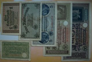 Ww2 Nazi Germany 0.  5,  1,  2,  5,  20 And 50 Reichsmark Banknote With Swastika
