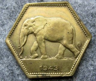 Belgian Congo Leopold Iii 1943 2 Francs,  Elephant,  Hexagonal,  Better Grade