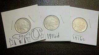 1916 p 1916 d 1916 S 5c INDIAN HEAD buffaLO NiCkeLS - COMPLete YeaR Set COMbO 2