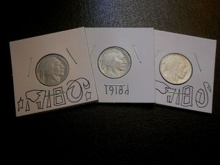 1918 P 1918 D 1918 S 5c Indian Head Buffalo Nickels - Complete Year Set Combo