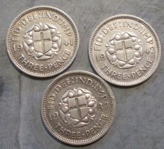 3 Silver British Threepence 3,  1937,  1941,  1942