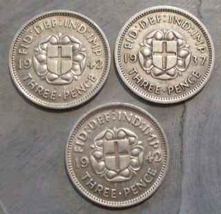 3 Silver British Threepence 2,  1942 X 2,  1937