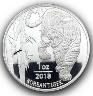2018 South Korea Tiger 1 Oz.  999 Fine Silver Coin In Bu Komsco In Capsule
