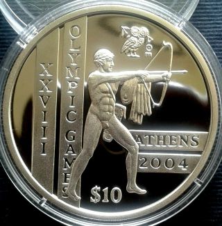 Sierra Leone 10 Dollars,  28.  28 Grams Silver Proof,  Olympics In Athens,  Archery