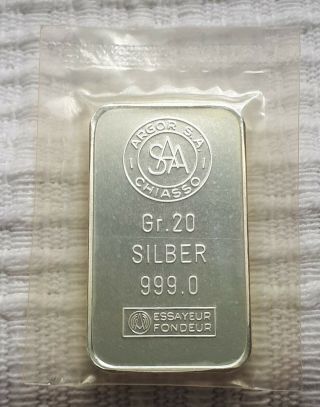 20 Gram Argor S.  A.  Chiasso 999.  0 Fine Silver Bar From Switzerland
