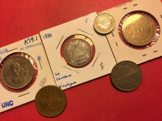 (6) Old Nicaragua Coins,  Including An 1880 20 Centavo Silver Coin,  L 490