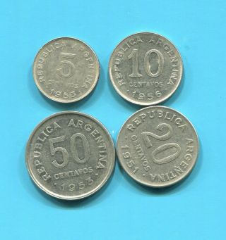 ARGENTINA - FOUR HISTORICAL 1950 ' S SAN MARTIN COINS,  5,  10,  20,  50 CENTAVOS 2
