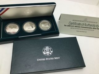 1994 U.  S.  Veterans Silver Dollars 3 Coin Set Proof W/box &