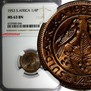 South Africa Elizabeth Ii Bronze 1953 1/4 Penny Ngc Ms63 Bn Birds Km 44