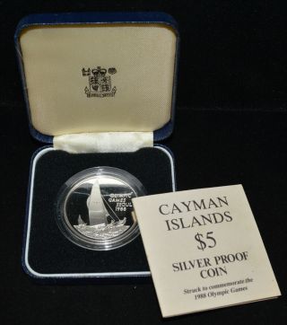 Cayman Islands 1988 Seoul Olympics $5 Dollar Silver Proof coin all OGP case 3