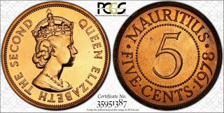 1978 Mauritius 5 Cents Km - 34 Pcgs Pr66rd Yellow Color Toned None Graded Higher
