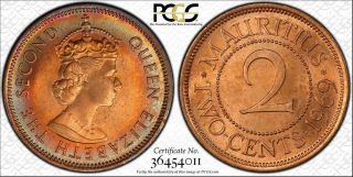 1969 Mauritius 2 Cents Bu Pcgs Ms65rb Circle Toned Coin None Graded Higher