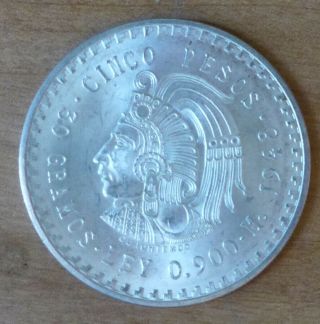1948 Mexico Silver 5 Pesos Cuauhtemoc.  900 Silver 30 Grams