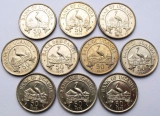 10 X Uganda 50 Cents 1976 - Bird Crane Magnetic Km4a Au - Unc 10 Coins