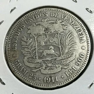 1911 Venezuela Silver 5 Bolivars Big Crown Coin