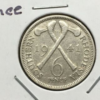 1941 Southern Rhodesia (zimbabwe) 6 Pence Silver Coin,  George Vi,  Km 17,  Vf