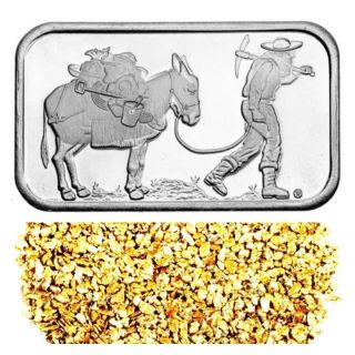 1 Troy Oz.  999 Silver Retro Prospector Bar,  10 Piece Alaskan Pure Gold Nuggets