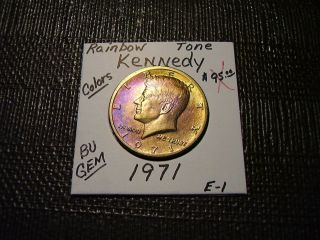 Rainbow Tone Gold/Purple Colors 1971 Kennedy BU Gem Half Dollar E - 1 2