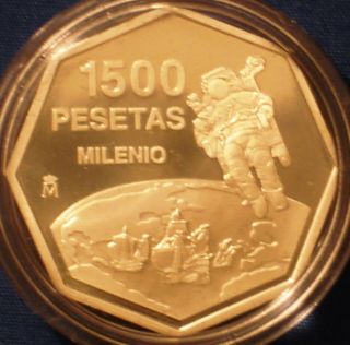 Spain 1500 Pesetas Silver Proof 1999 Millennium Astronaut Space Octagonal Coin