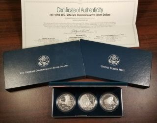 1994 3 Coin Us Vererans Silver Commemorative Dollar Proof Set