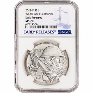 2018 - P Us World War I Commemorative Bu Silver Dollar - Ngc Ms70 - Early Releases