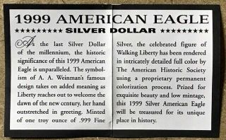 USA - Colorized - American Silver Eagle $1 - 1999 - One Ounce.  999 - Box & 4