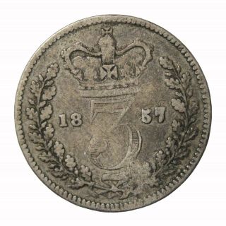 Great Britain 1857 Over 7 Silver Threepence Queen Victoria Coin Km 730 3p