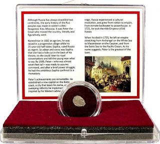 Russian Silver Wire Money Of Peter The Great Kopek Coin In Clear Box & Story -