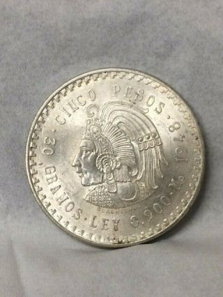 1948 Mexico 5 Cinco Peso 90 Silver Coin Aztec Cuahtemoc Round Like Libertad