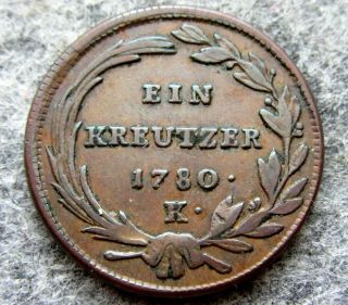 Austria Habsburg Maria Theresia 1780 K 1 Kreuzer,  Copper Better Grade