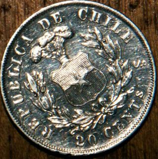 Chile 1873 20 Centavos Silver AU UnCirculated 2