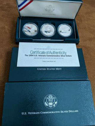 1994 U.  S.  Veterans Commemorative Silver Dollar 3 Coin Proof Set W/box,