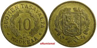 Finland Aluminum - Bronze 1939 - S 10 Markkaa Chxf.  Mintage - 133,  00 Last Year Km 32a