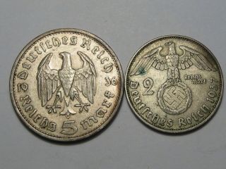 2 Nazi Germany Silver Coins: 1936 - A 5 Mark & 1937 - D 2 Mark.  138