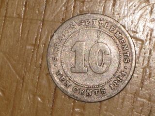 Straits Settlements 1894 Silver 10 Cents Coin Queen Victoria