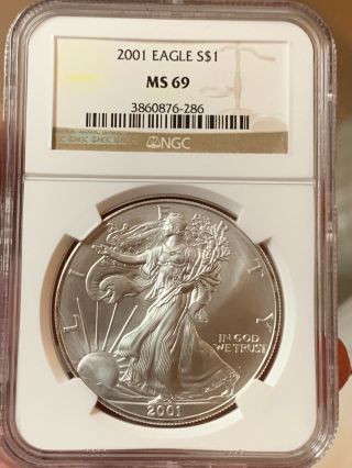 2001 $1 American Silver Eagle Ngc Ms69 Brown Label