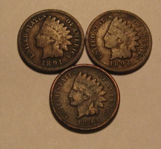 1891 1892 1893 Indian Head Cent Penny - Mixed - 32fr