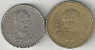 2 Different Coins From Mexico - 500 & 1000 Pesos (both Dating 1988)