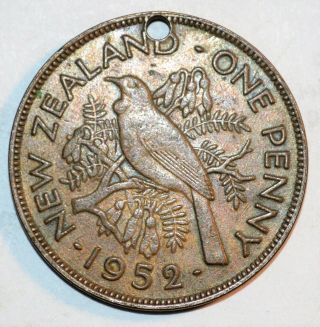 Zealand 1952 Coin Large One Penny World Bird Keychain Holed Necklace