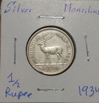 Mauritius 1934 1/2 Half Rupee Silver Coin George V British Colony