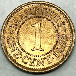Mauritius 1 Cents Gem Bu.  1952 Km 25 Bronze Coin - Rare.