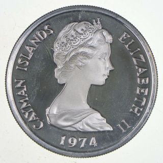 Silver World Coin - 1974 Cayman Islands 5 Dollars World Silver Coin 35.  9g 344