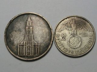2 Nazi Germany Silver Coins: 1935 - D 5 Mark & 1938 - A 2 Mark.  140