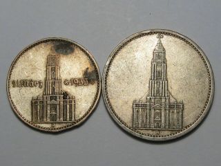 2 Nazi Germany Silver Coins: 1934 - A 2 Mark & 1935 - A 5 Mark.  136
