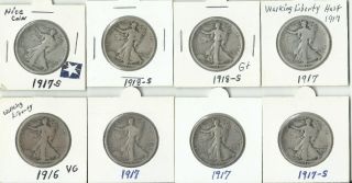 Eight (8) Walking Liberty Half Dollars 1916 - P (3) 1917 - P (2) 1918 - S (2) 1917 - S G - F