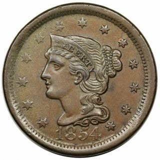1854 Braided Hair Large Cent,  N - 27,  R3,  Au